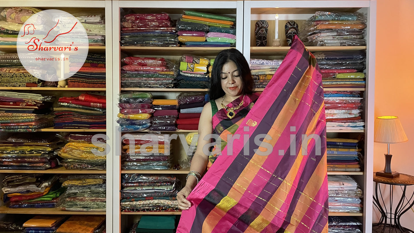 Multi Coloured Arani Semi Silks with Checks and Buttas