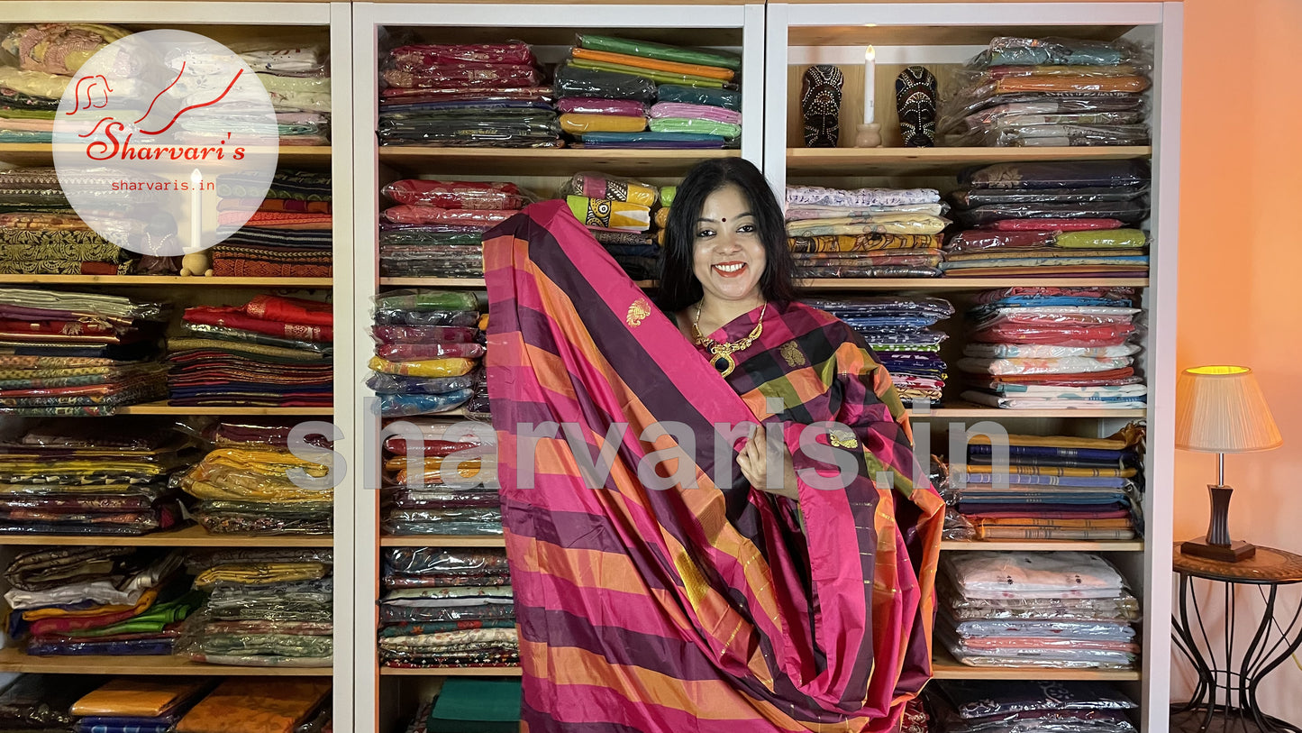 Multi Coloured Arani Semi Silks with Checks and Buttas