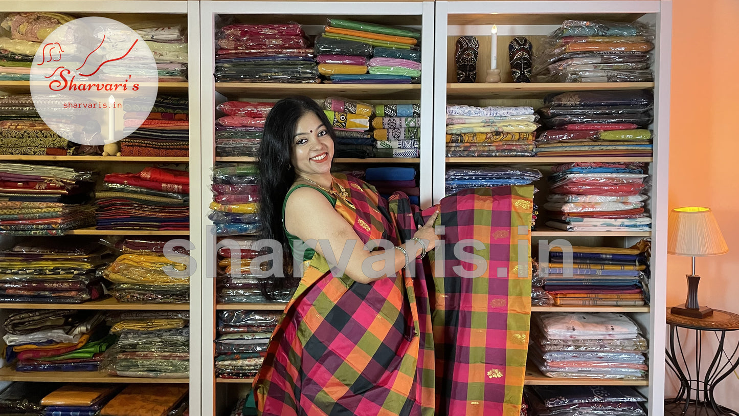 Multi Coloured Arani Semi Silk Saree with Checks and Buttas