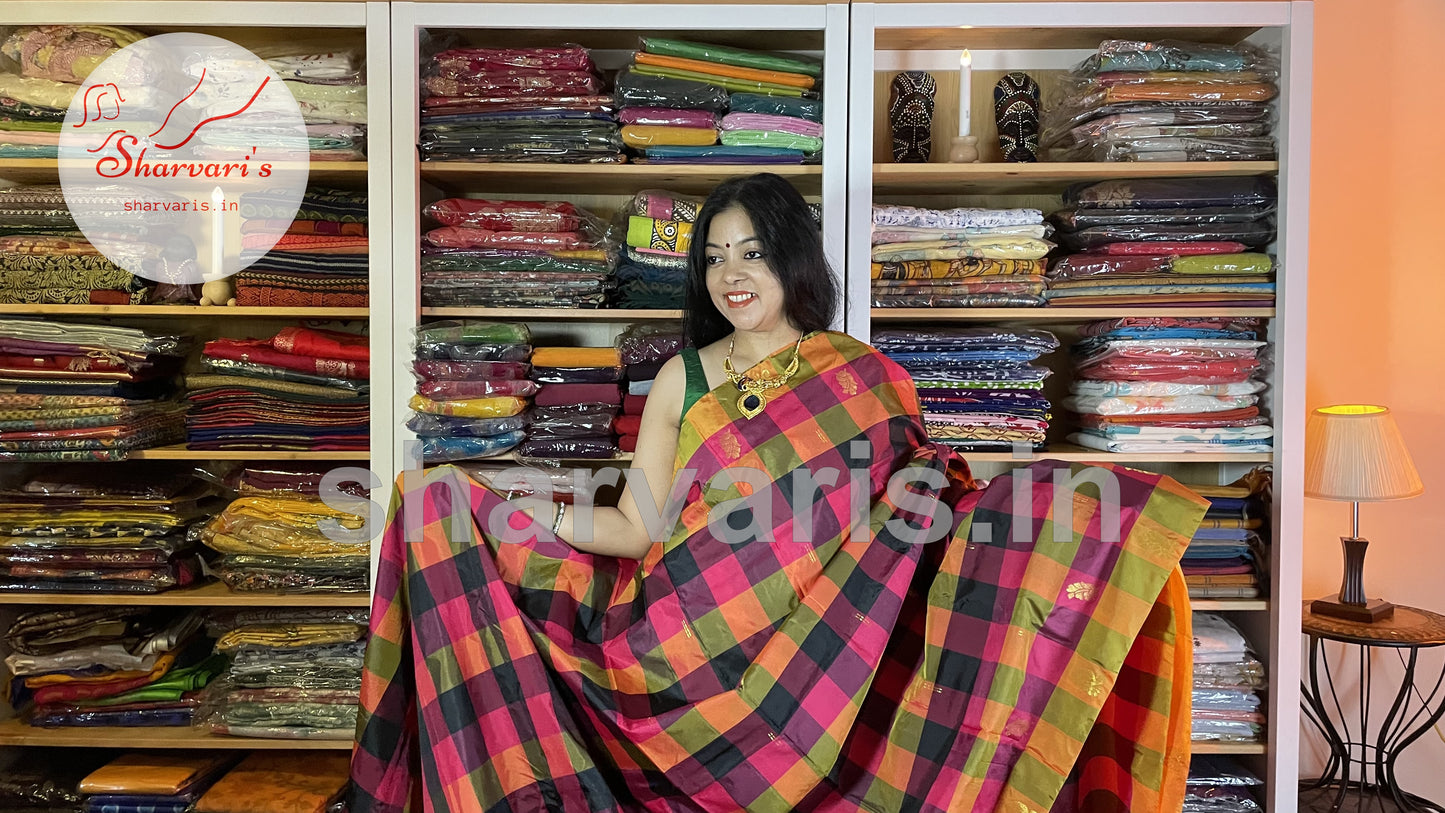 Multi Coloured Arani Semi Silk Saree with Checks and Buttas