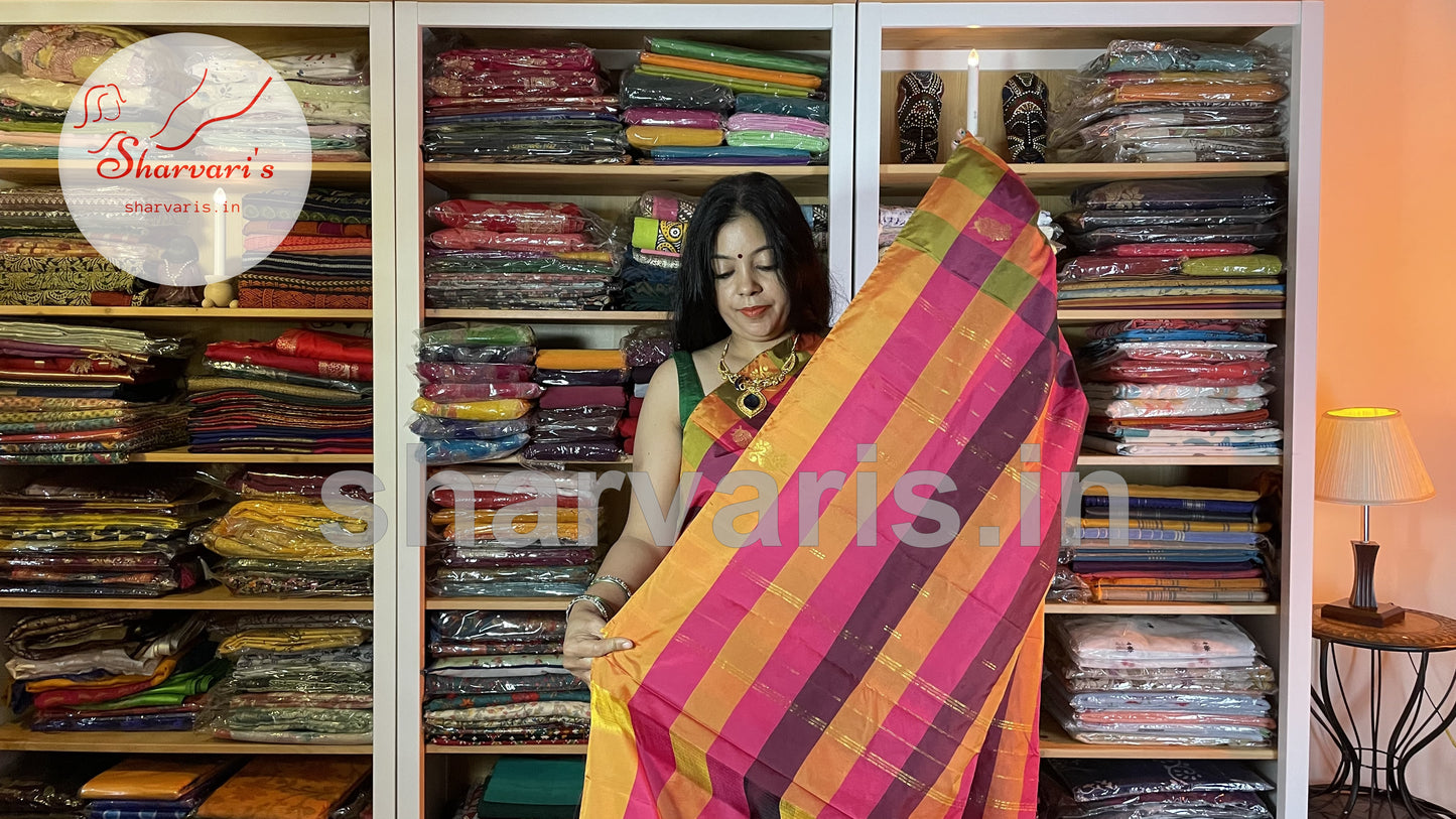 Multi Coloured Arani Semi Silk Saree with Checks and Buttas