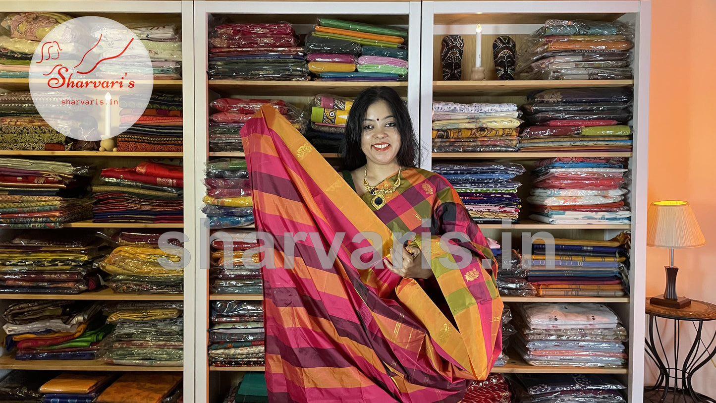 Multi Coloured Arani Semi Silk Saree with Checks and Buttas