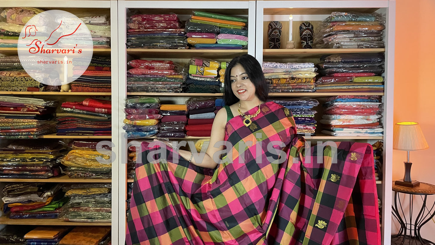 Multi Colored Arani Semi Silk Saree with Checks and Buttas