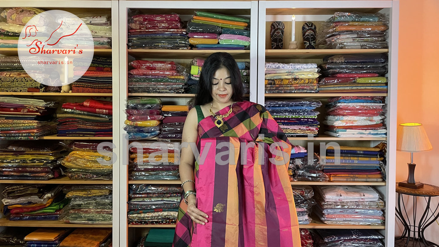 Multi Colored Arani Semi Silk Saree with Checks and Buttas