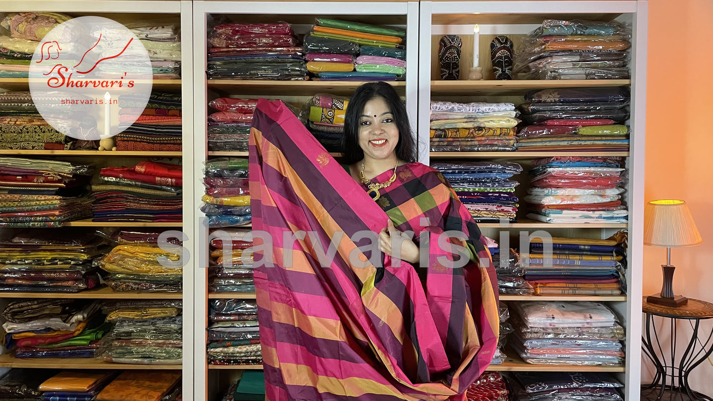 Multi Colored Arani Semi Silk Saree with Checks and Buttas