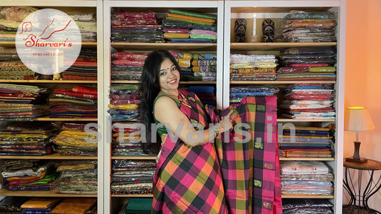 Multi Color Arani Semi Silk Saree with Checks and Buttas