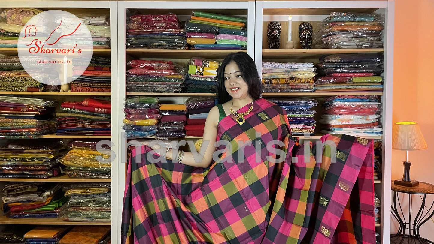 Multi Color Arani Semi Silk Saree with Checks and Buttas