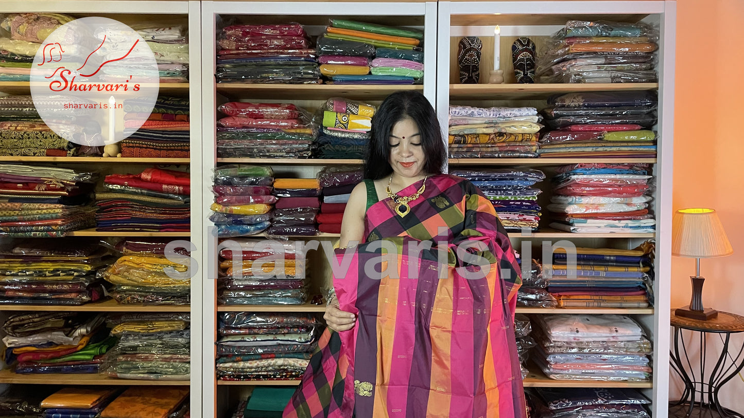 Multi Color Arani Semi Silk Saree with Checks and Buttas