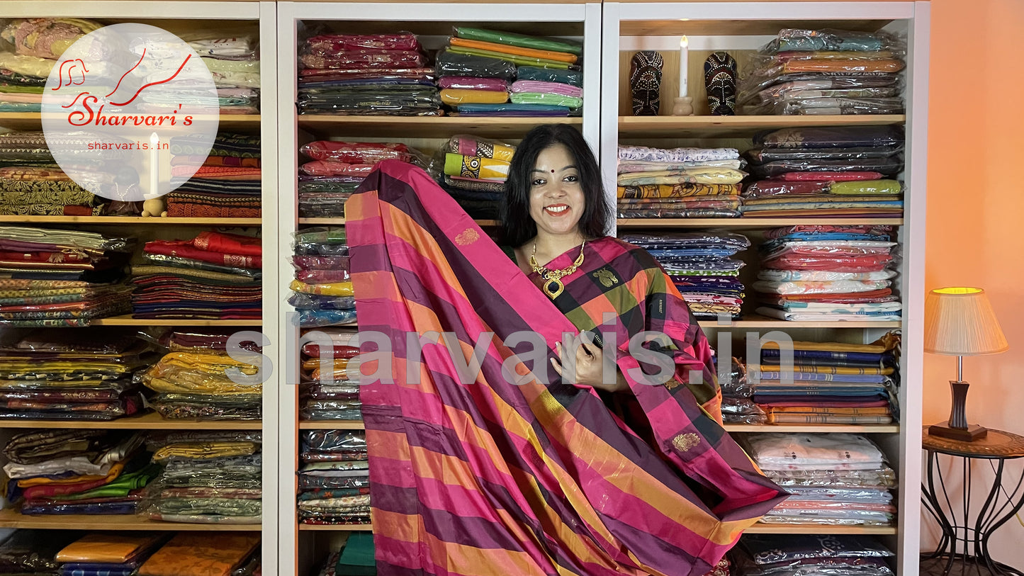 Multi Color Arani Semi Silk Saree with Checks and Buttas