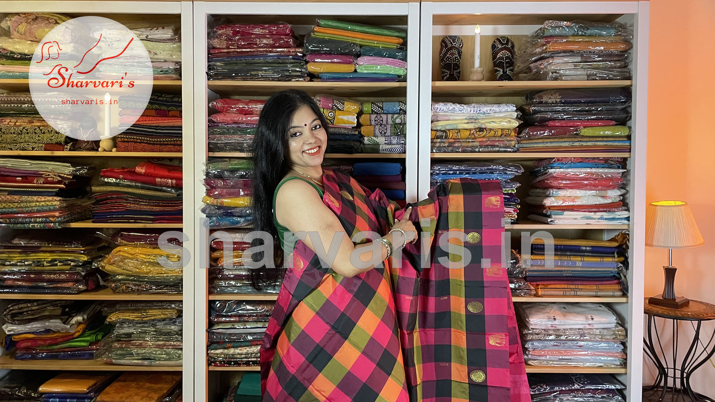 Multi Coloured Arani Semi Silk Saree with Checks and Buttas