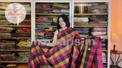 Multi Coloured Arani Semi Silk Saree with Checks and Buttas