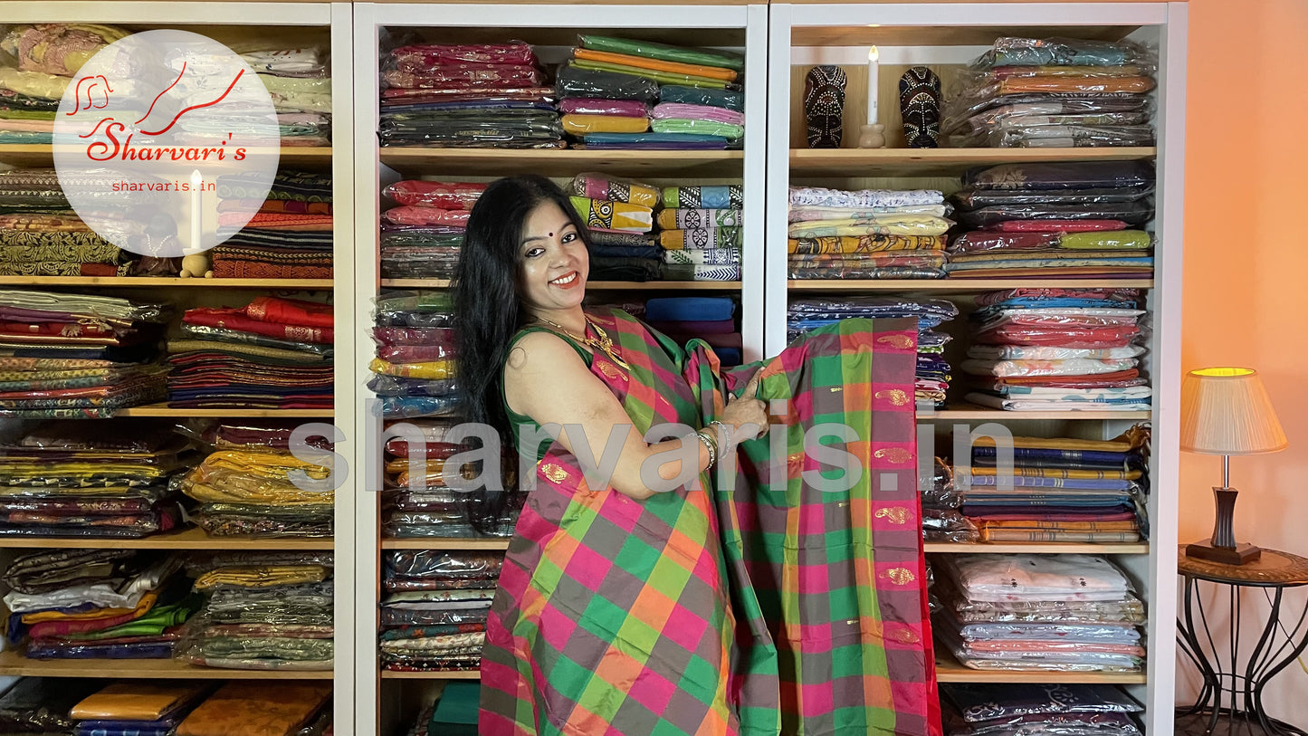 Green and Pink Arani Semi Silk Saree with Checks and Buttas