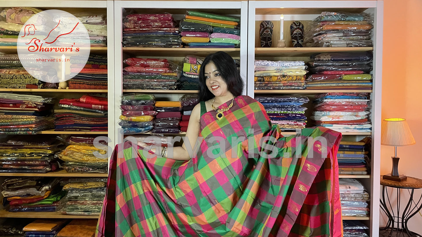 Green and Pink Arani Semi Silk Saree with Checks and Buttas