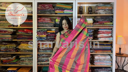 Green and Pink Arani Semi Silk Saree with Checks and Buttas