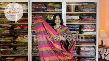 Green and Pink Arani Semi Silk Saree with Checks and Buttas