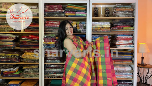 Multi Colored Arani Semi Silk Saree with Checks and Buttas