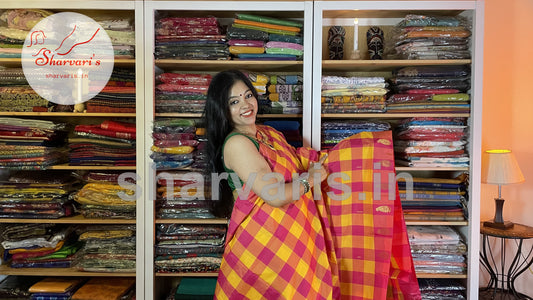 Yellow and Pink Arani Semi Silk Saree with Checks and Buttas