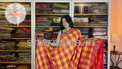 Yellow and Pink Arani Semi Silk Saree with Checks and Buttas