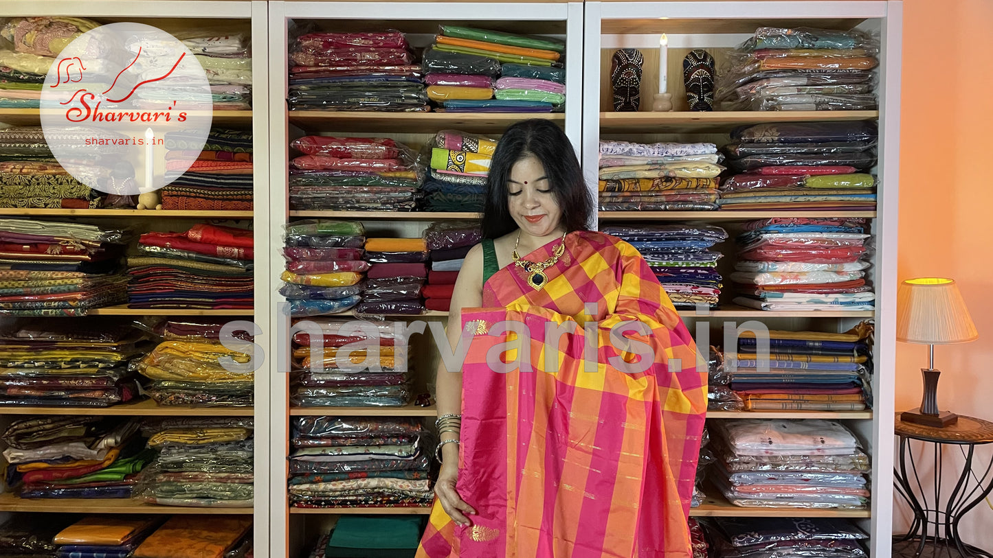 Yellow and Pink Arani Semi Silk Saree with Checks and Buttas