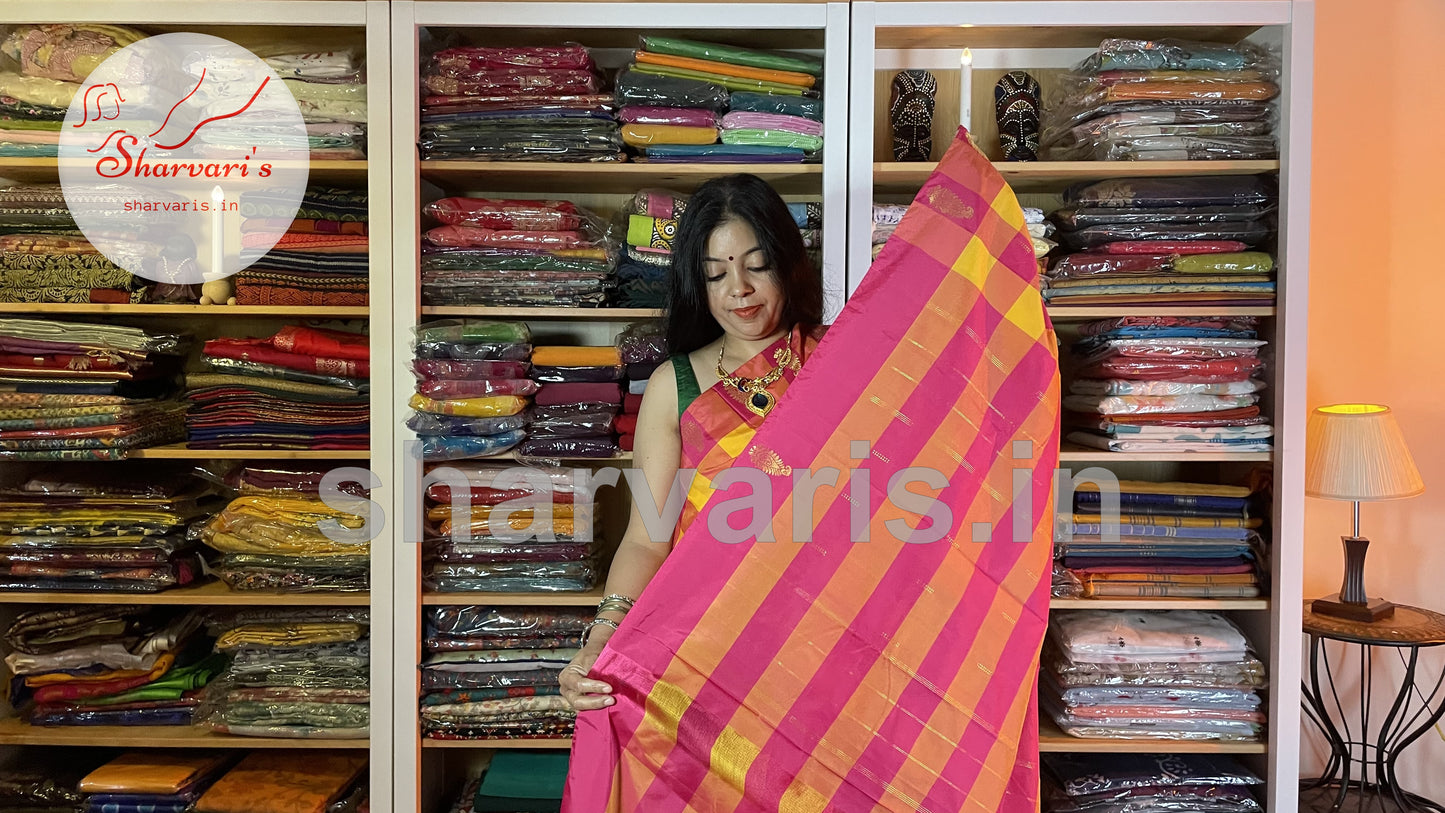 Yellow and Pink Arani Semi Silk Saree with Checks and Buttas