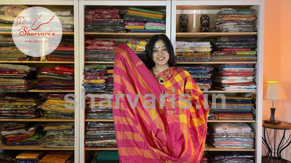 Yellow and Pink Arani Semi Silk Saree with Checks and Buttas