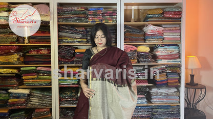 Brown Maheshwari Silk Cotton Saree with Ghicha Pallu