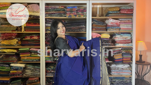 Dark Royal Blue Maheshwari Silk Cotton Saree with Ghicha Pallu