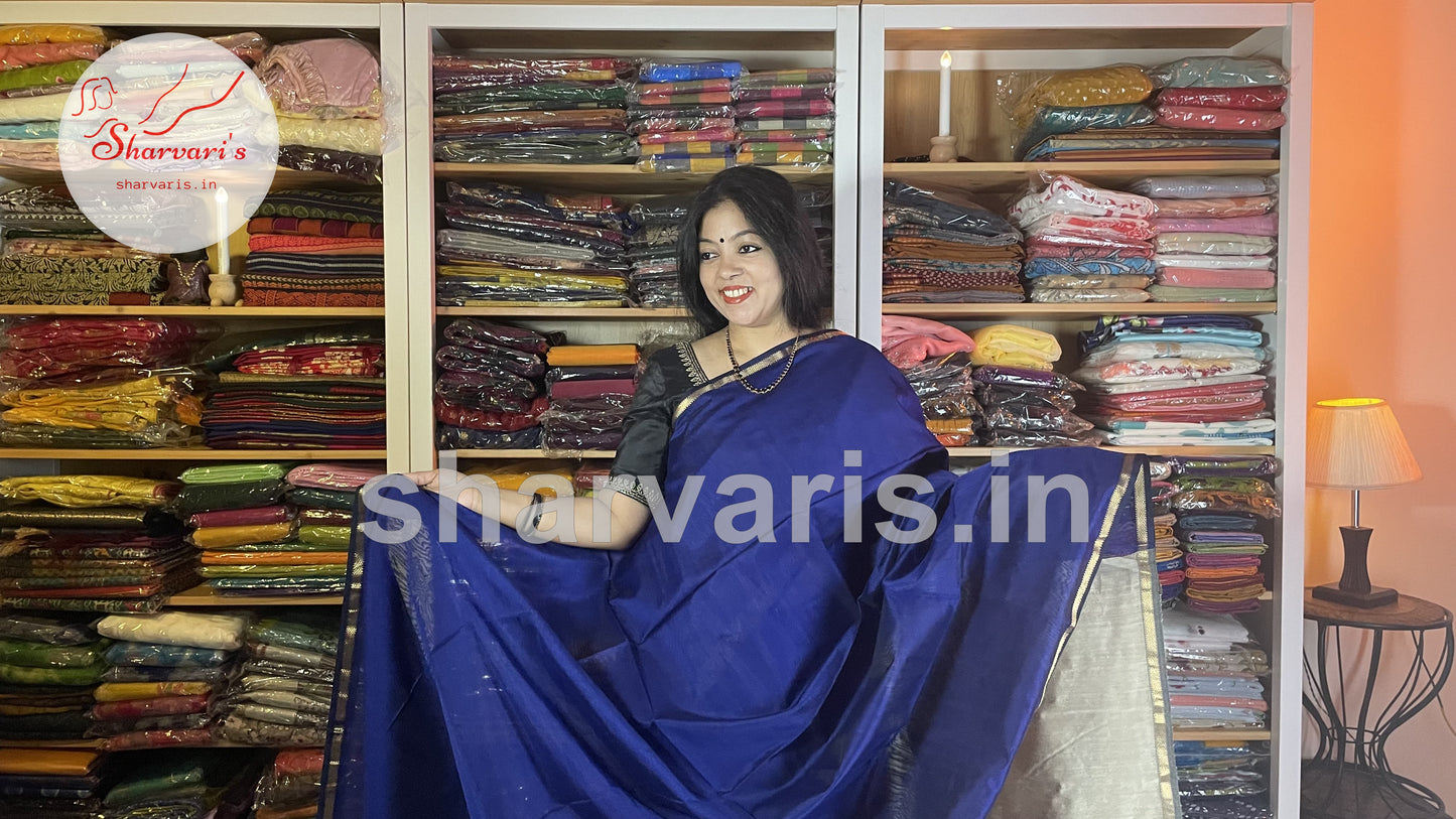 Dark Royal Blue Maheshwari Silk Cotton Saree with Ghicha Pallu