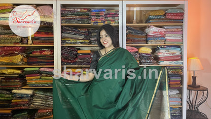 Bottle Green Maheshwari Silk Cotton Saree with Ghicha Pallu