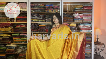 Yellow and Red Maheshwari Silk Cotton Saree with Floral Buttas and Rich Zari Borders