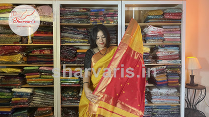 Yellow and Red Maheshwari Silk Cotton Saree with Floral Buttas and Rich Zari Borders