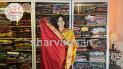 Yellow and Red Maheshwari Silk Cotton Saree with Floral Buttas and Rich Zari Borders