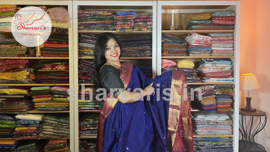 Royal Blue and Red Maheshwari Silk Cotton Saree with Floral Buttas and Rich Zari Borders
