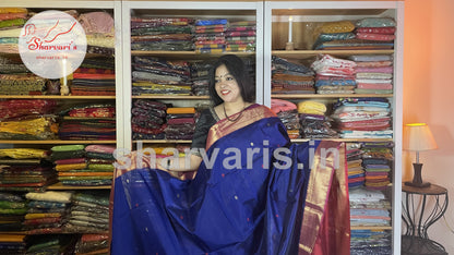 Royal Blue and Red Maheshwari Silk Cotton Saree with Floral Buttas and Rich Zari Borders