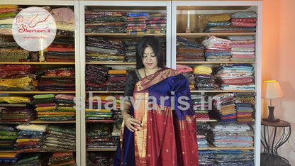 Royal Blue and Red Maheshwari Silk Cotton Saree with Floral Buttas and Rich Zari Borders