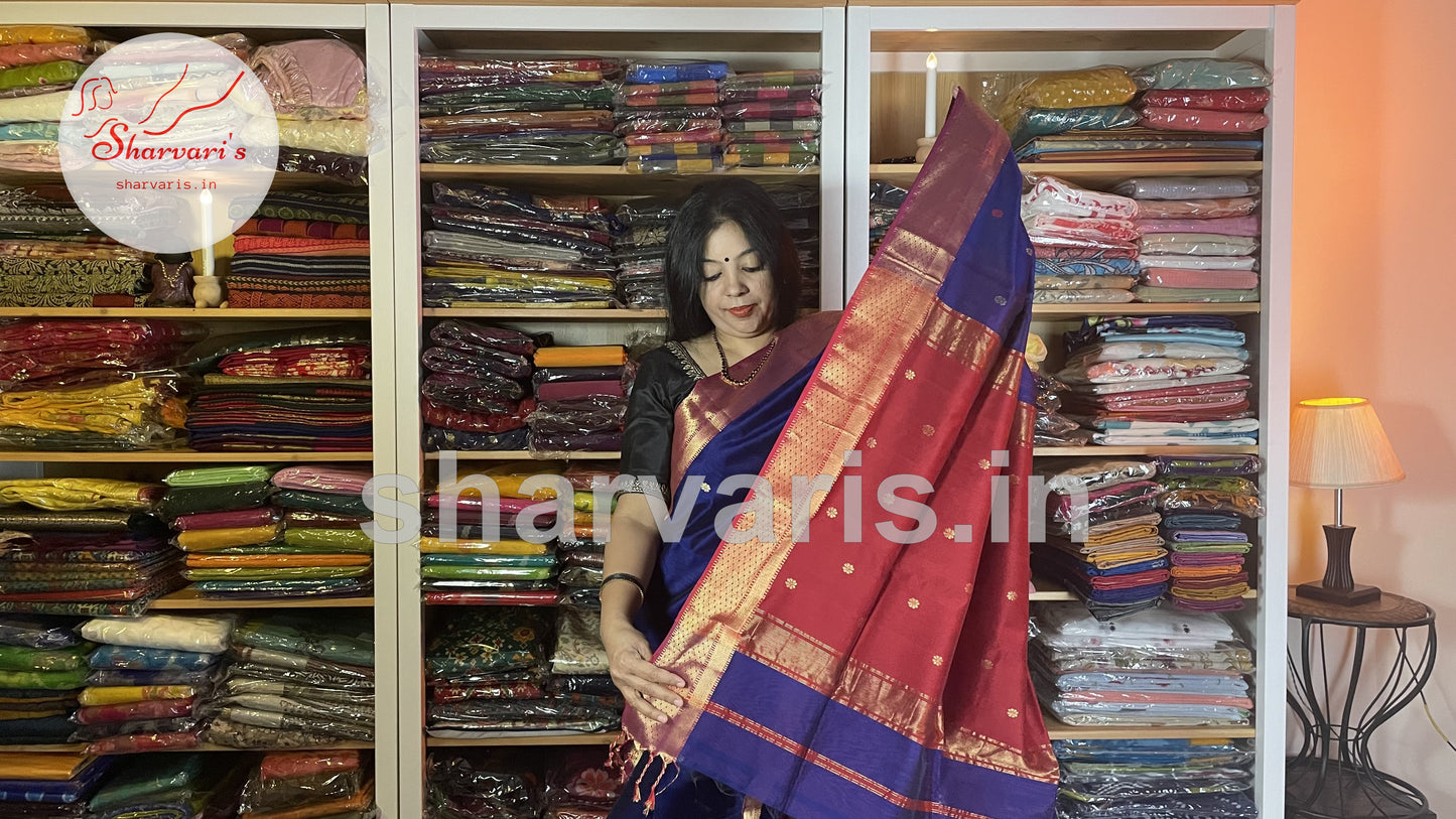 Royal Blue and Red Maheshwari Silk Cotton Saree with Floral Buttas and Rich Zari Borders