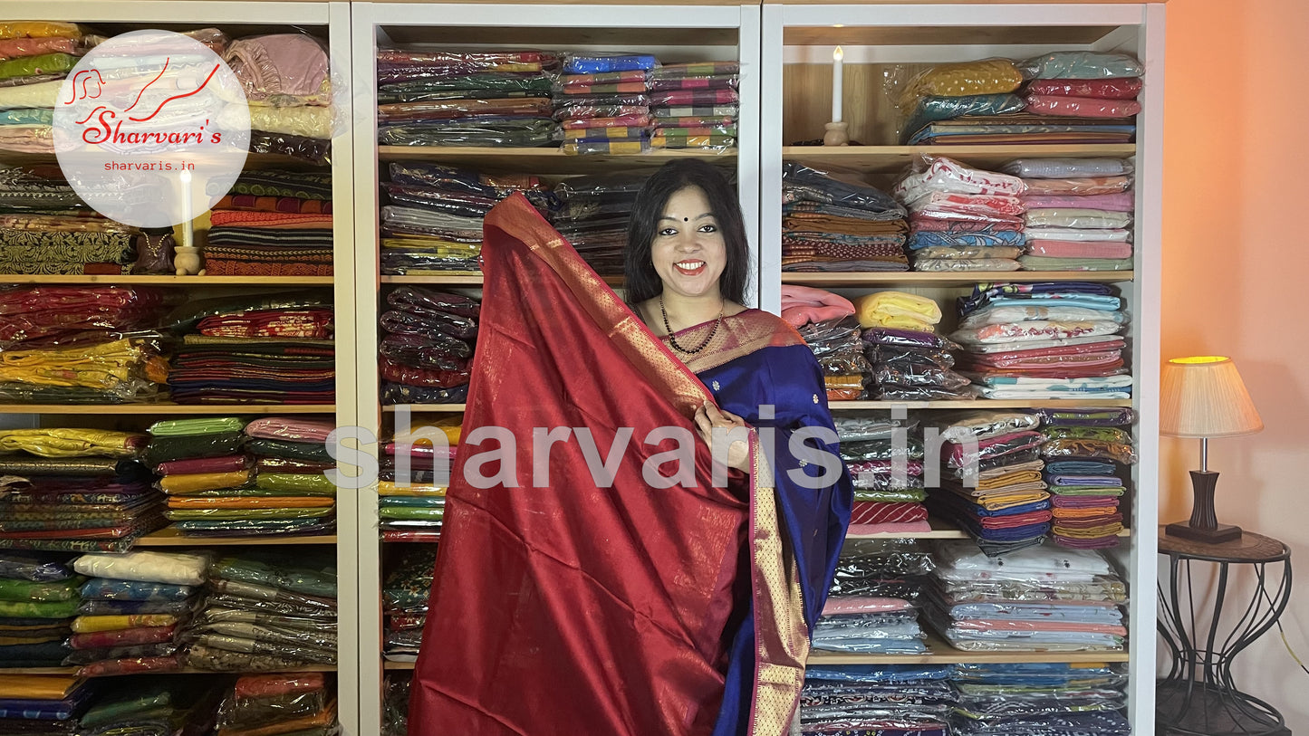 Royal Blue and Red Maheshwari Silk Cotton Saree with Floral Buttas and Rich Zari Borders