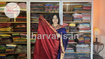 Royal Blue and Red Maheshwari Silk Cotton Saree with Floral Buttas and Rich Zari Borders