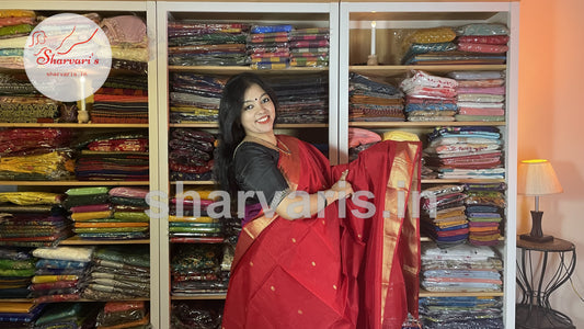 Pure Red Maheshwari Silk Cotton Saree with Floral Buttas and Rich Zari Woven Borders