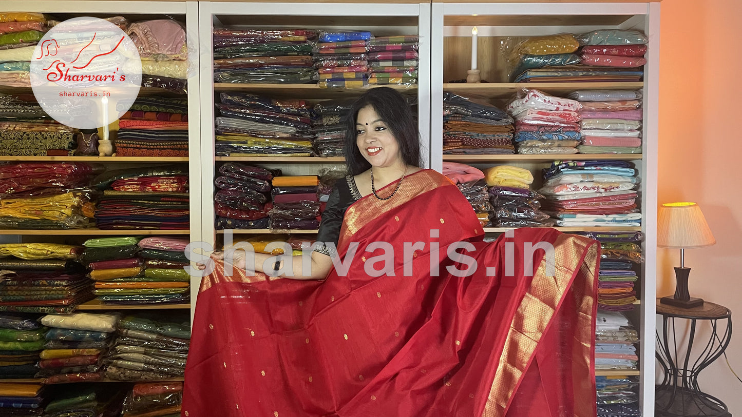 Pure Red Maheshwari Silk Cotton Saree with Floral Buttas and Rich Zari Woven Borders