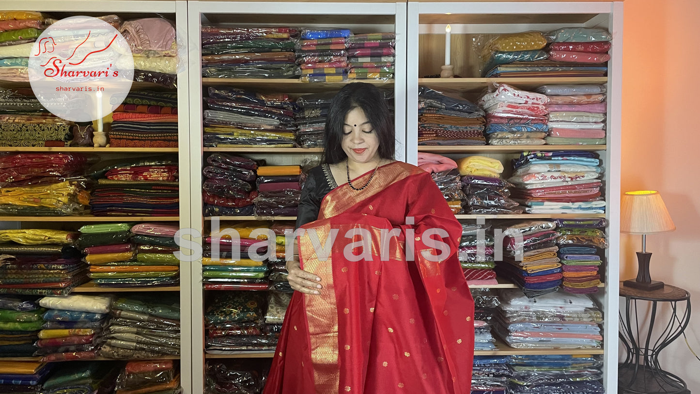 Pure Red Maheshwari Silk Cotton Saree with Floral Buttas and Rich Zari Woven Borders