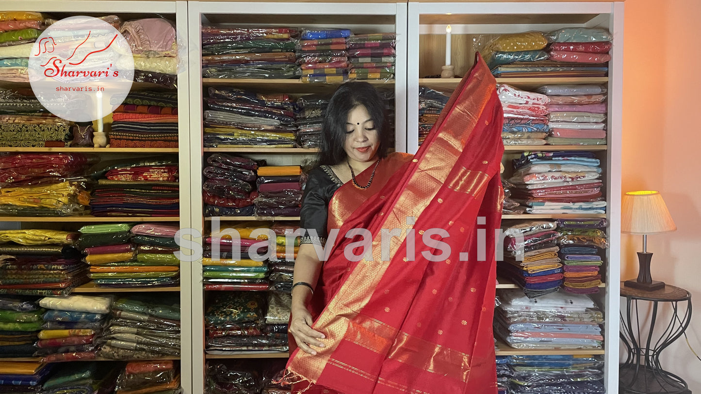 Pure Red Maheshwari Silk Cotton Saree with Floral Buttas and Rich Zari Woven Borders