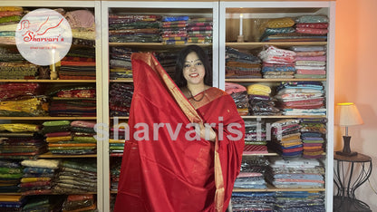 Pure Red Maheshwari Silk Cotton Saree with Floral Buttas and Rich Zari Woven Borders