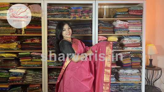 Taffy Pink and Red Maheshwari Silk Cotton Saree with Floral Buttas and Rich Zari Borders