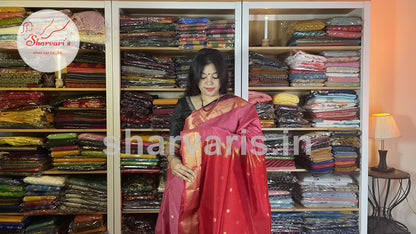 Taffy Pink and Red Maheshwari Silk Cotton Saree with Floral Buttas and Rich Zari Borders