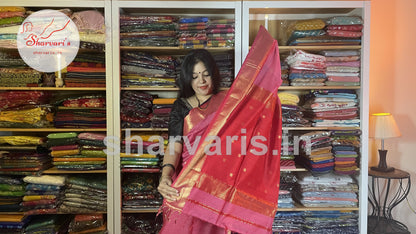 Taffy Pink and Red Maheshwari Silk Cotton Saree with Floral Buttas and Rich Zari Borders