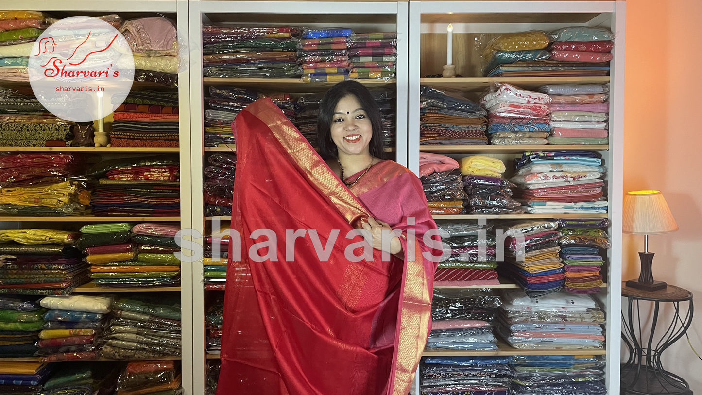 Taffy Pink and Red Maheshwari Silk Cotton Saree with Floral Buttas and Rich Zari Borders