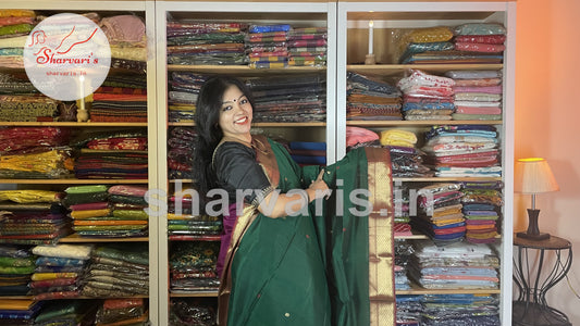 Bottle Green and Red Maheshwari Silk Saree with Floral Buttas and Rich Zari Borders