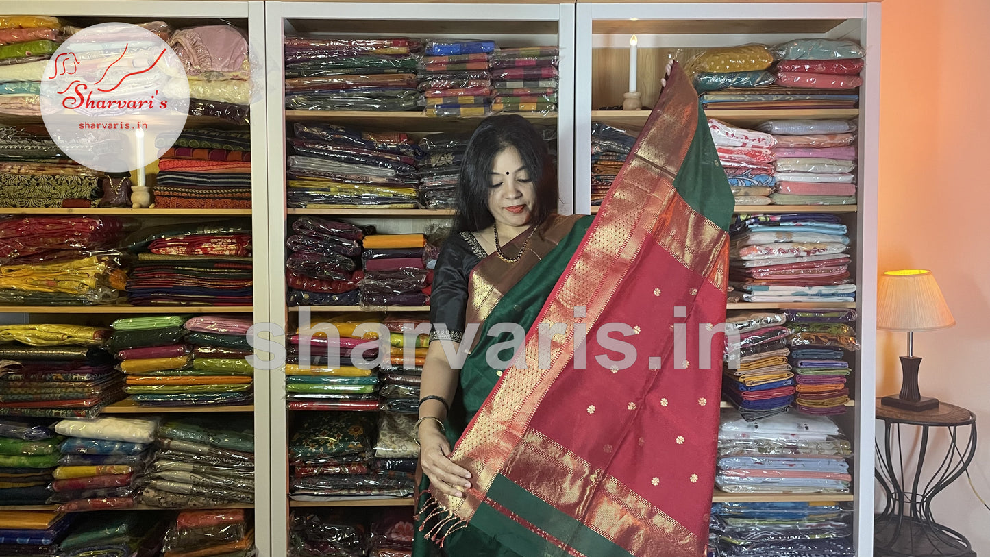 Bottle Green and Red Maheshwari Silk Saree with Floral Buttas and Rich Zari Borders