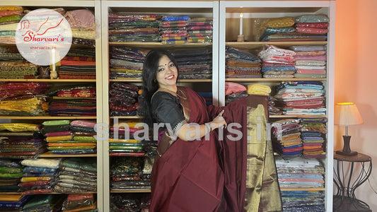 Deep Brown Plain Maheshwari Silk Cotton Saree with Rich Long and Short Zari Borders
